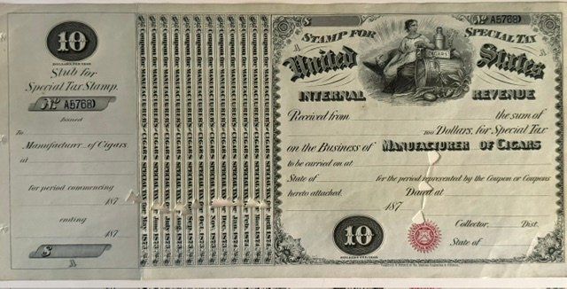 Lot 219: 1870s U.S. Internal Revenue $10 Special Tax Stamp – Manufacturer of Cigars