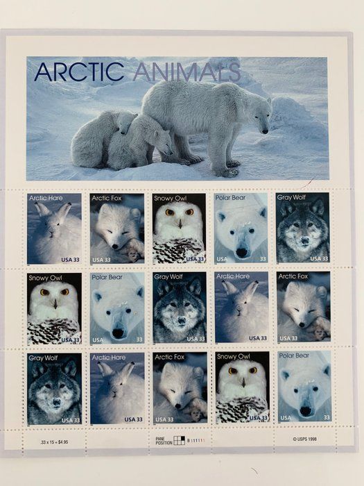 Lot 246: Arctic Animals: Arctic Hare, Arctic Fox, Snowy Owl, Polar Bear, and Gray Wolf, Full Sheet of 15 x 33-Cent Postage Stamps, USA 1999, Scott 3288-92