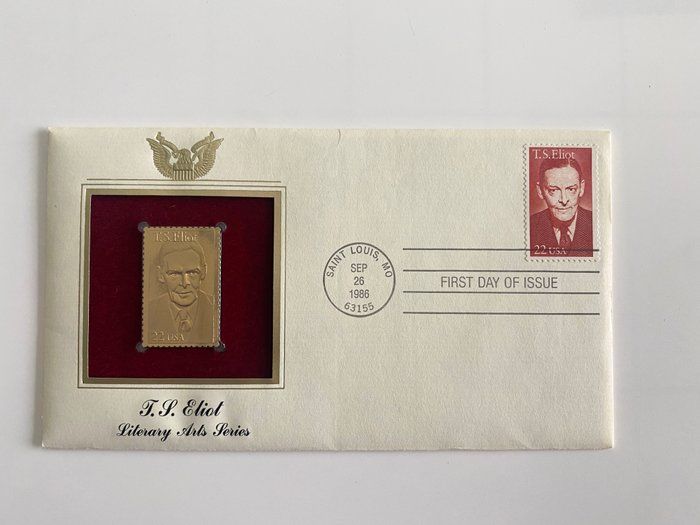 Lot 253: T.S. Eliot: Literary Arts Series Gold Stamp Replica First Day Cover
