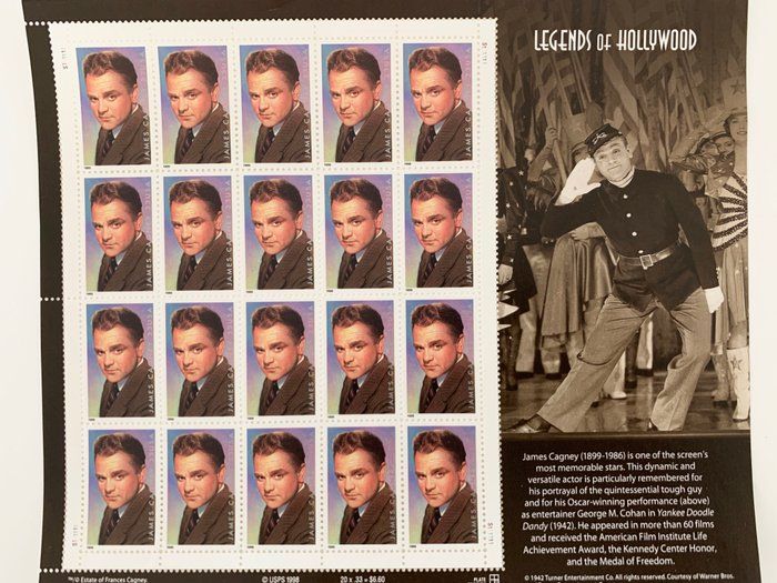 Lot 254: James Cagney: Legends of Hollywood, Full Sheet of 20 x 33-Cent Postage Stamps, USA 1999, Scott 3329