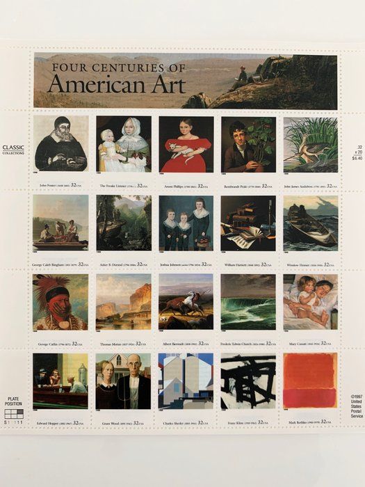Lot 258: Four Centuries of American Art Sheet of 20 32 Cent Stamps Scott 3236