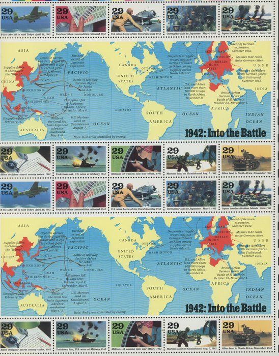 Lot 293: 1992 WW II 1942 Into the Battle - 20 Stamp Sheet