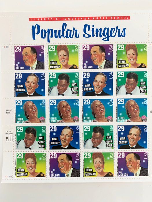 Lot 308: USPS Popular Singers Sheet of Twenty 29 Cent Stamps Scott 2849-2853