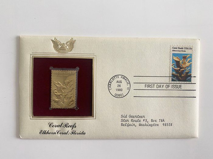 Lot 317: Coral Reefs Elkhorn Coral: Florida Gold Stamp Replica First Day Cover