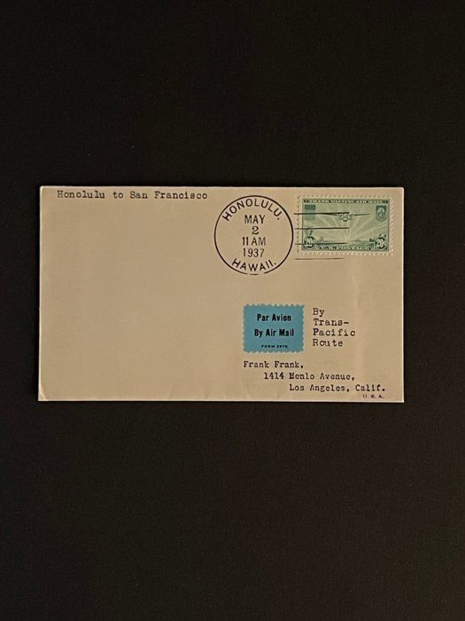 Lot 322: 1937 Honolulu HI to San Francisco CA First Day Cover