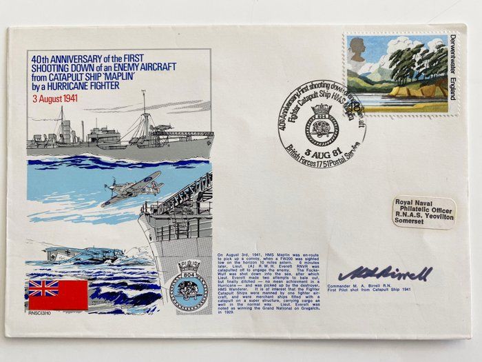 Lot 330: WWII 40th Anniversary First Shooting Down of Enemy Aircraft from Ship Maplin by Hurricane Fighter Cdr. M.A. Birrell Signed Commemorative Cover - 1981