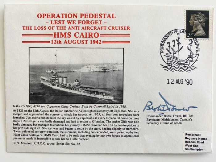 Lot 340: WWII Operation Pedestal HMS Cairo Commemorative Signed Cover