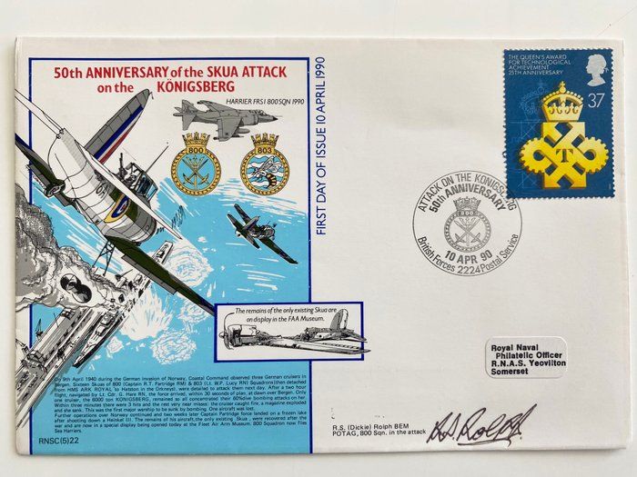 Lot 347: WWII 50th Anniversary of the Skua Attack on the Königsberg R.S. Rolph Signed Commemorative First Day Cover
