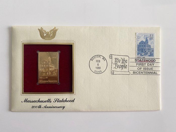 Lot 351: Massachusetts Statehood: 200th Anniversary Gold Stamp Replica First Day Cover