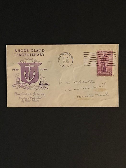 Lot 360: 1936 Rhode Island Tercentenary First Day Cover