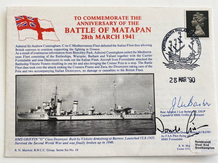 Lot 361: WWII Anniversary of Battle of Cape Matapan Commemorative Signed Cover