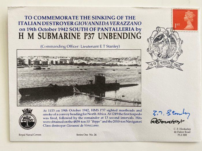 Lot 366: 1993 Sinking Italian Ship by HM Submarine P37 Unbending Signed Navy Commemorative Cover