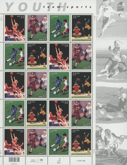 Lot 385: Youth Team Sports, Full Sheet of 20