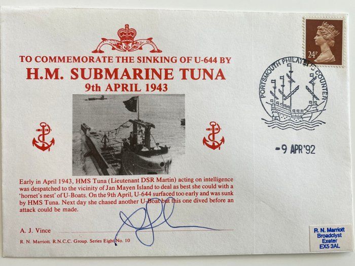 Lot 393: WWII A.J. Vince Signed H.M. Submarine Tuna Commemorative Cover