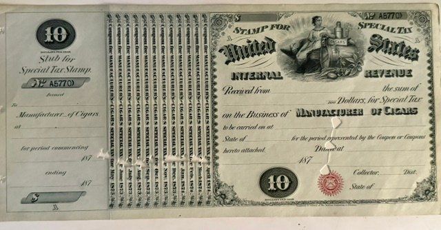 Lot 396: 1870s U.S. Internal Revenue $10 Special Tax Stamp – Manufacturer of Cigars