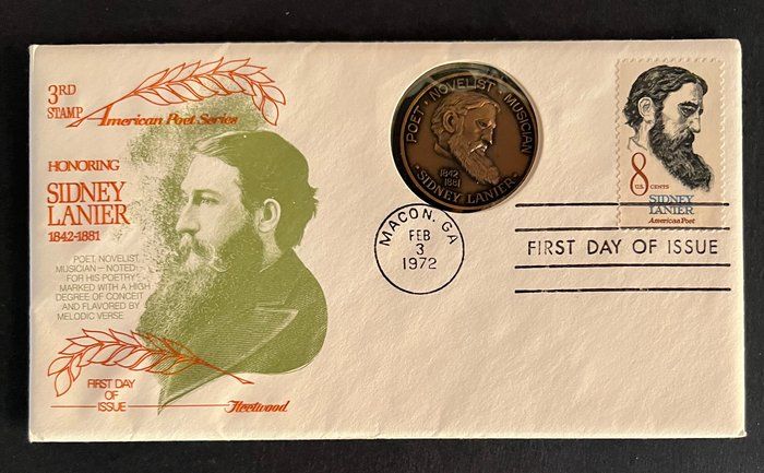 Lot 414: Sidney Lanier First Day Cover and commemorative coin