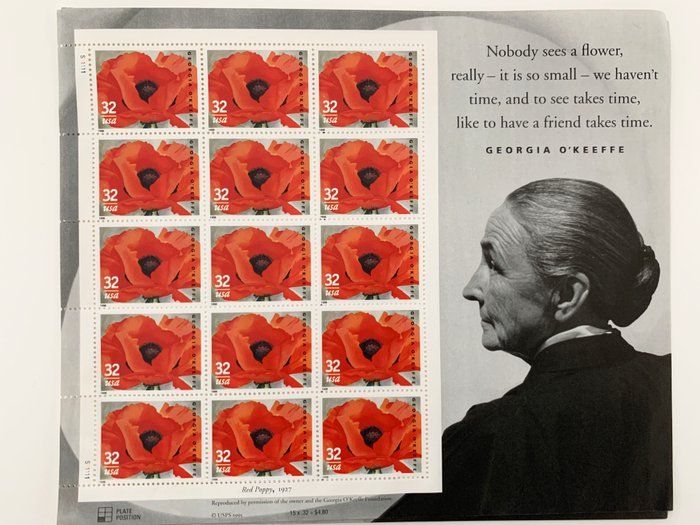 Lot 418: Georgia O'Keeffe US Postage Sheet of 15 32 Cent Stamps Scott 3069
