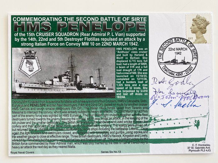 Lot 420: WWII Second Battle of Sirte HMS Penelope Multi Signed Commemorative Cover