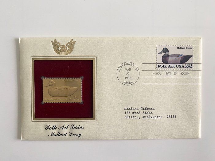 Lot 424: Folk Art Series: Mallard Decoy Gold Stamp Replica First Day Cover
