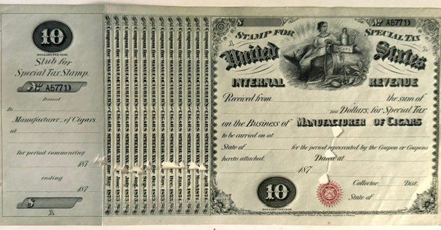 Lot 436: 1870s U.S. Internal Revenue $10 Special Tax Stamp – Manufacturer of Cigars