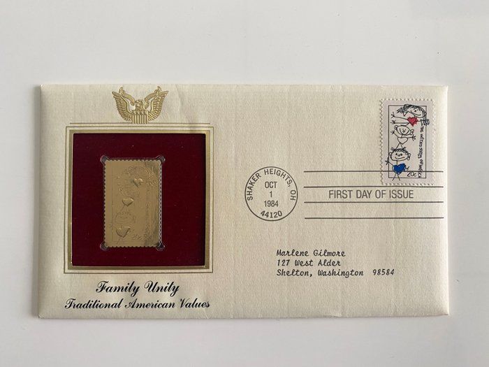 Lot 438: Family Unity: Traditional American Values Gold Stamp Replica First Day Cover