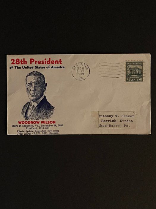 Lot 471: 1939 Commemorative 28th President Woodrow Wilson First Day Cover
