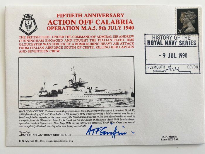 Lot 483: WWII 50th Anniversary Action Off Calabria Operation M.A.5 9th July 1940 Signed Commemorative Cover