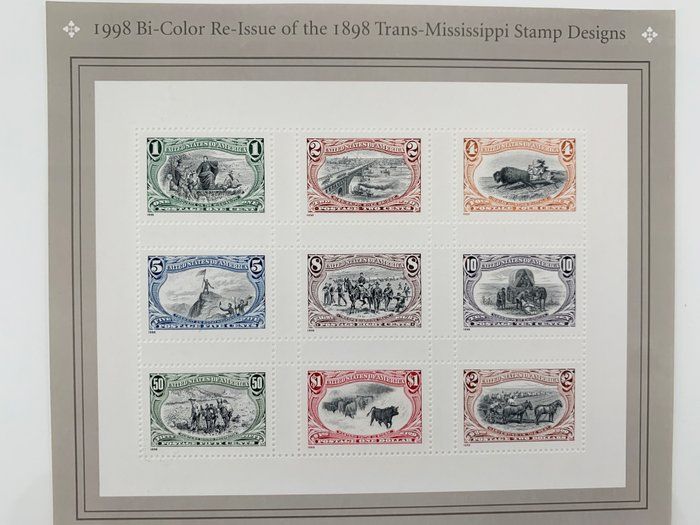 Lot 499: USPS Bi-Color Re-Issue of 1898 Trans Mississippi Sheet of Nine Stamps
