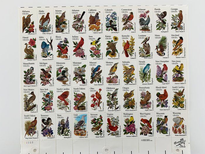 Lot 501: US State Birds and Flowers Full Sheet of Fifty 20 Cent Stamps Scott 1953-2002