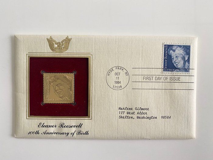 Lot 520: Eleanor Roosevelt: 100th Anniversary of Birth Gold Stamp Replica First Day Cover