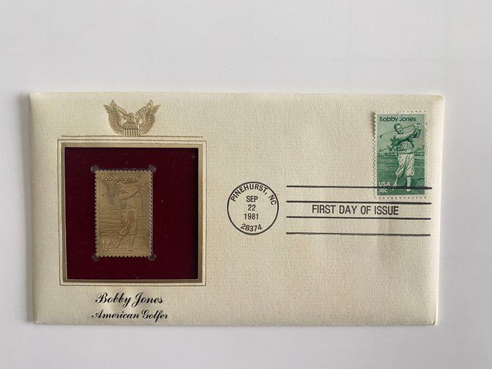 Lot 522: Bobby Jones: American Golfer Gold Stamp Replica First Day Cover
