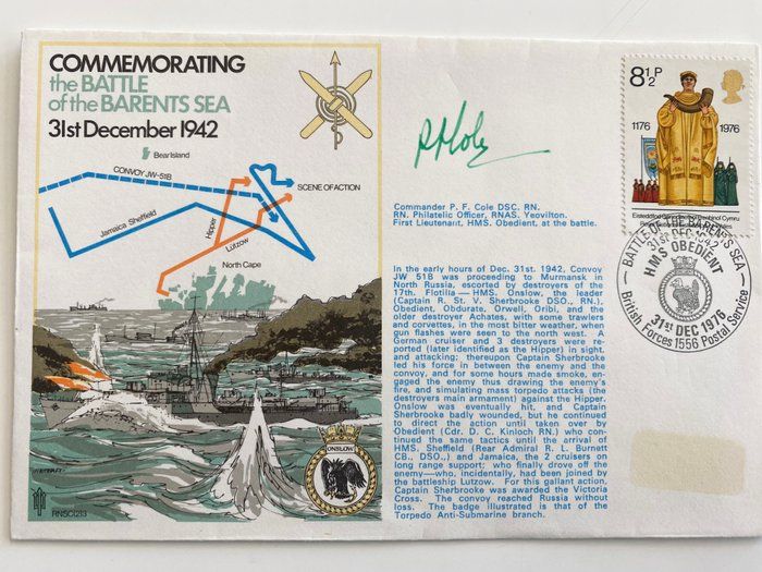 Lot 529: WWII Commemorating the Battle of the Barents Sea Cdr P.F. Cole Signed Cover