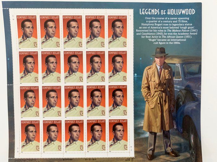 Lot 531: Humphrey Bogart, Legends of Hollywood, Full Sheet of 20 x 32-Cent Postage Stamps, USA 1997, Scott 3152
