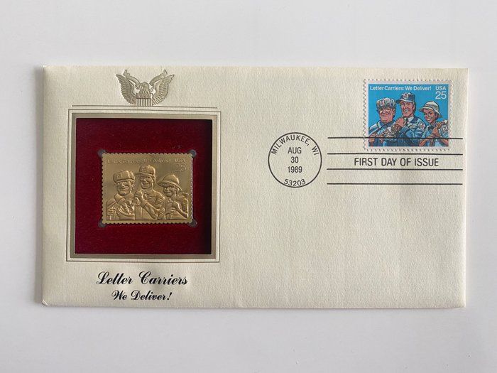 Lot 547: Letter Carriers We Deliver! Gold Stamp Replica First Day Cover