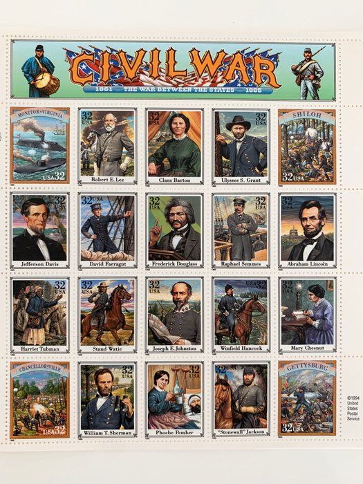 Lot 559: 1995 32c Civil War, Abraham Lincoln, Souvenir Sheet of 20 Scott 2975