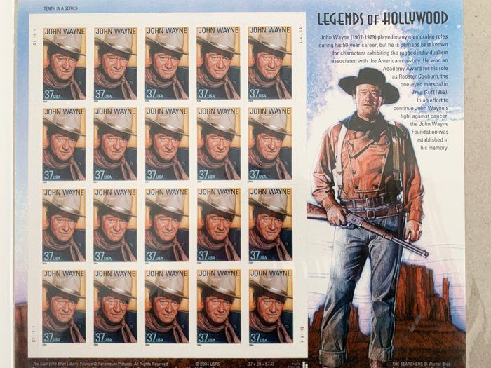 Lot 560: John Wayne, Legends Of Hollywood, Full Sheet of 20 x 37-Cent Postage Stamps, USA 2004, Scott 3876