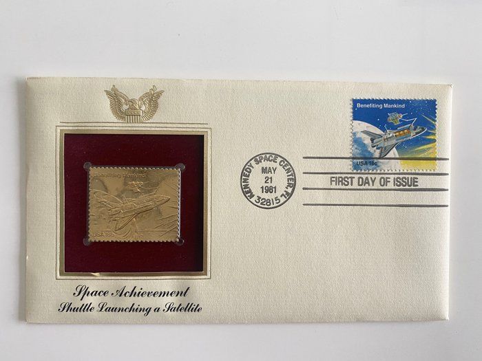 Lot 616: Space Achievement Shuttle Launching a Satellite Gold Stamp Replica First Day Cover