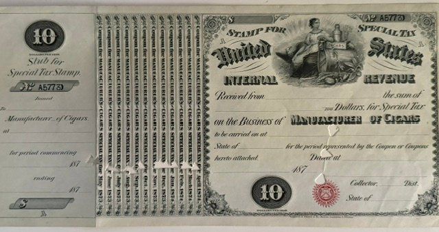 Lot 622: 1870s U.S. Internal Revenue $10 Special Tax Stamp – Manufacturer of Cigars