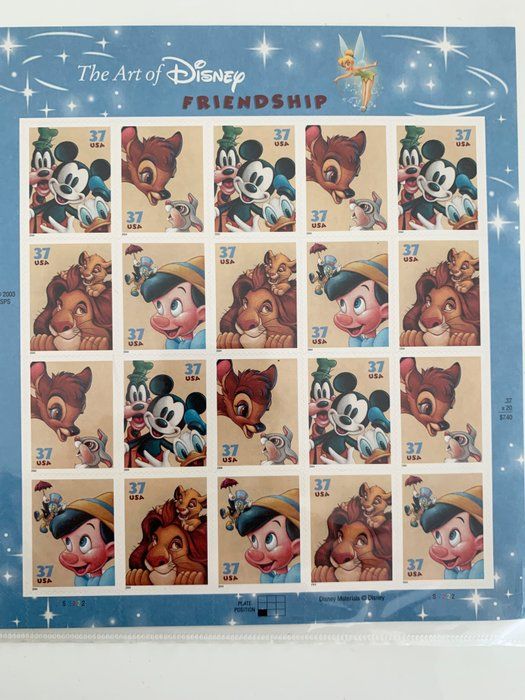 Lot 635: The Art of Disney Friendship Sheet of 20 x 37-cent Stamps, Scott 3865-68
