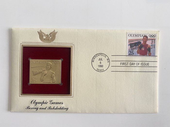 Lot 653: Olympic Games Boxing and Bobsledding Gold Stamp Replica First Day Cover