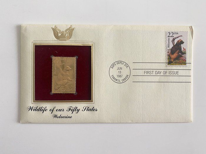Lot 671: Wildlife of Our Fifty States Wolverine Gold Stamp Replica First Day Cover