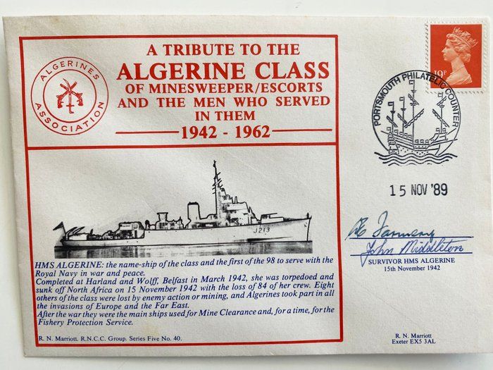 Lot 682: WWII HMS Algerine Tribute Commemorative Cover Signed by 2 Survivors