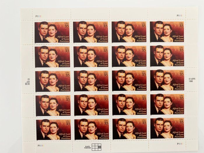 Lot 687: Alfred Lunt & Lynn Fontanne 20 x 33 Cent US Postage Stamps Scot #3287