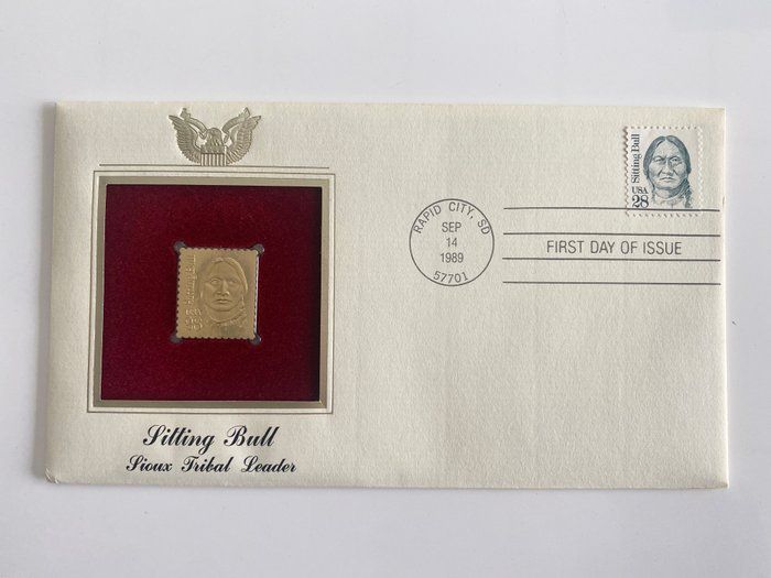 Lot 710: Sitting Bull Sioux Tribal Leader Gold Stamp Replica First Day Cover