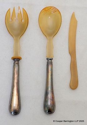 Vintage Silver Plate & Celluloid Salad Servers. Vintage Silver Plate Mounted Celluloid Salad 