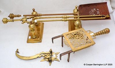 Antique Brass Collection of Fireside Items to Include: Cast Brass Bracket for Clockwork Spit 