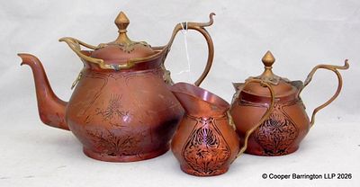 Antique Carl Deffner Copper/Brass Tea Set. Antique Carl Deffner Copper and Brass Art Nouveau Tea 