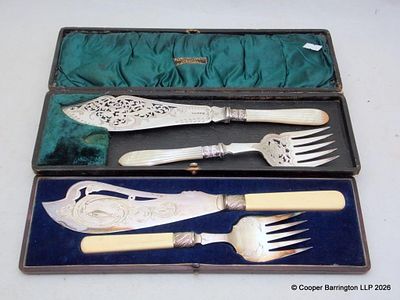 Victorian Cased Silver Plated Fish Servers. 19th Century. Having Mother of Pearl and Bone 