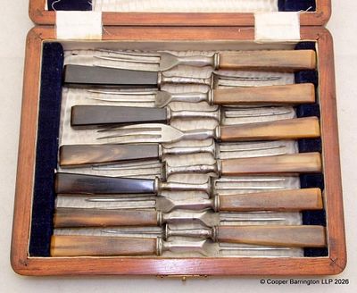 A Victorian Matched Set of Six Horn Handled Forks. Circa 1880s. Length 7 1/8 inches. Also a 