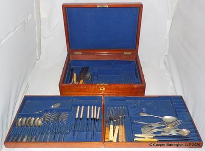 Edwardian Mahogany Cutlery Box with a Selection of Cutlery in 3 Trays. 17 1/4 x 12 1/4 x 5 3/8 